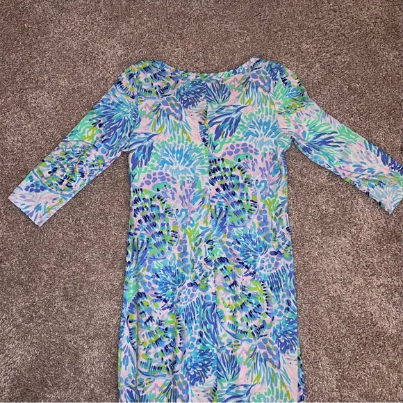 Lilly Pulitzer V-Neck Midi Dress - Waist Tie, White with Blue & Green Pattern - Picture 4 of 5